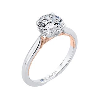 14K Two-Tone Gold Round Diamond Floral Engagement Ring Mounting With 9