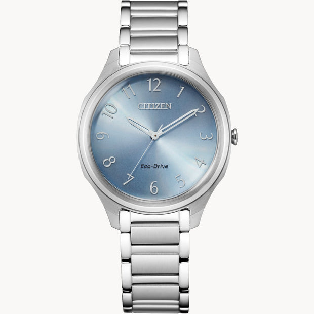 Woman's Citizen Eco-Drive Watch With Stainless Steel Band And Light Blue Face