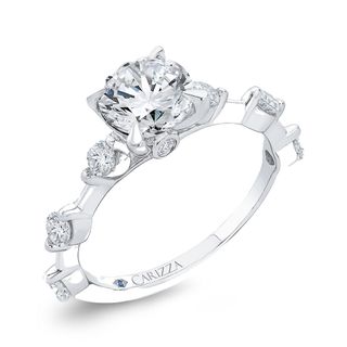 14K White Gold Round Diamond Engagement Ring Mounting With 9 Diamonds