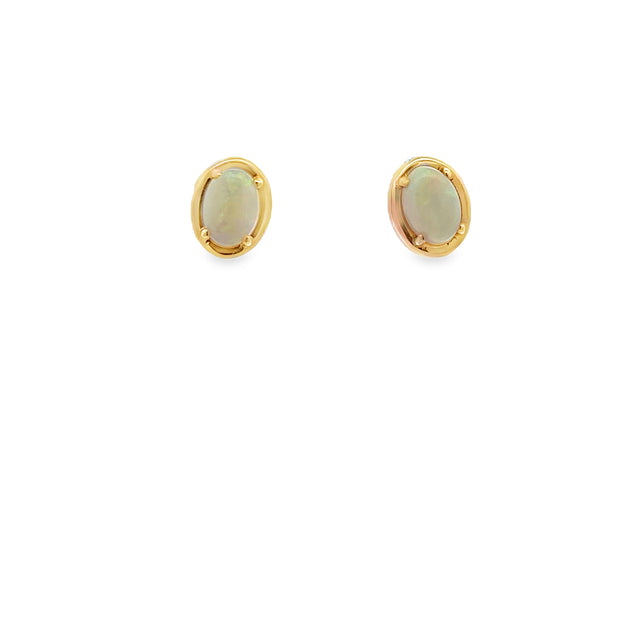Vintage 14Kt Yellow Gold Earrings Set With Two 7X5 Oval Opals,. Earrin