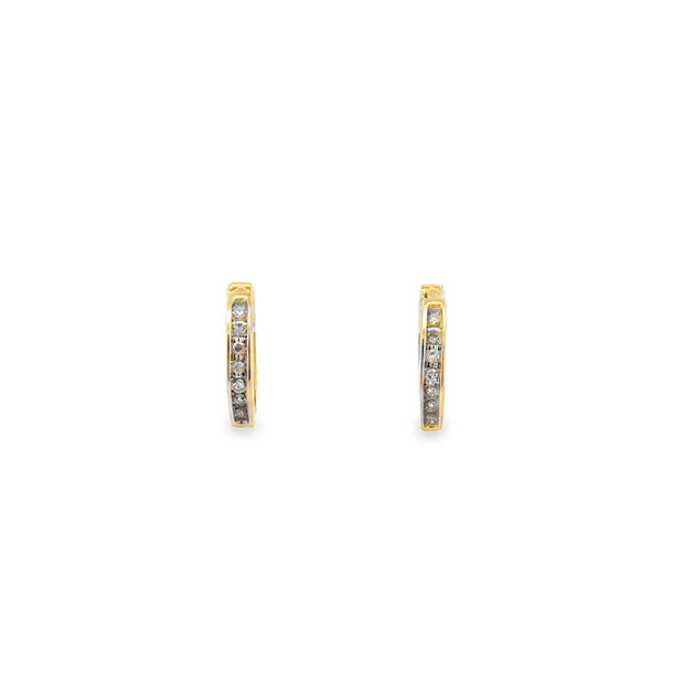 Vintage 10Kt Yellow Gold Hinged Hoop Earrings Set With Fourteen Round