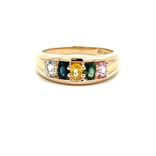 14 Karat Yellow Gold Ring Prong Set With Five Oval Synthetic Stones Me