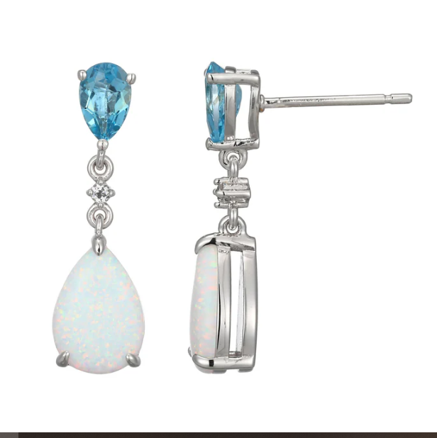 Sterling Silver Dangle Earrings With Created Opal and Blue Topaz