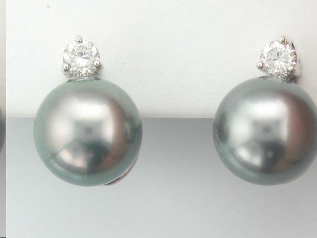 18Kt White Gold Earrings, Pierced With 2 - 12mm Round Tahitian Pearl, "Aaa"  2 Round Brilliant Cut Diamonds = .50Ct Tdw, Vs1 GH