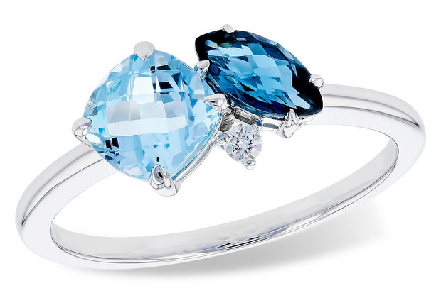 14kt White Gold Ring With 1.08ct Square Cushion Cut Sky Blue Topaz and .41ct Marquise London Blue Topaz 1 Round Diamond .03ct