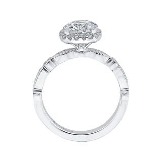 14Kt White Gold Carizza Engagement Ring set with Round Cz Center Surrounded by Halo of 25 Round Prong Set Diamonds and 16 Round Diamonds in Miligrain setting down the sides. .30Ct TWD VS1 GH.Goes with110-1360
