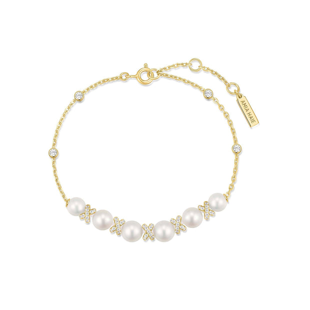 Sterling Silver Yellow Gold Plated Sparkling Braided Shell Pearl Brace