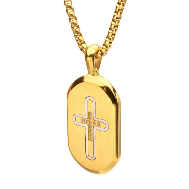 Men's 18Kt Gold IP Stainless Steel Clear CZ Inlay Cross Dogtag Pendant