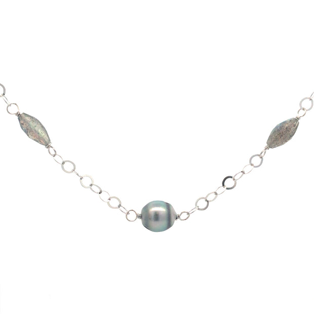 Sterling Silver 18 Inch Chian With Tahitian Pearls and Labodarite Neck