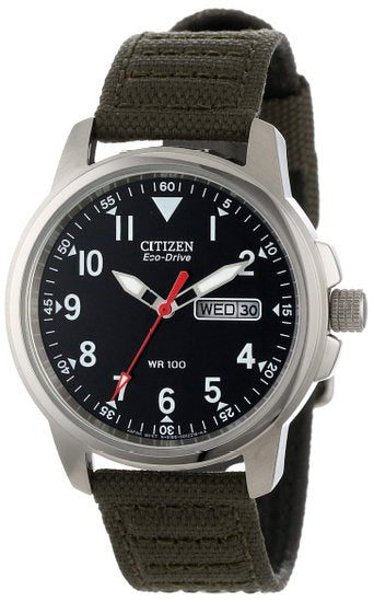 Gent's Water Resistant Eco-Drive DateDay Watch With Black Face  Green Cloth Band