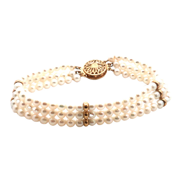 Vintage 4-4.5Mm Three Row Freshwater Pearl Bracelet With 3 14Kt Yellow