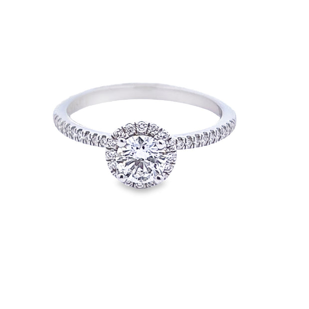 14Kt White Gold Diamond Engagement Ring With 1 Round Center Diamond .50Ct I1 I, Surrounded By 16 Diamonds And 20 Round Diamonds On The Sides .25Ct Tdw I1 HI Size 7 Goes With Wb 110-1346