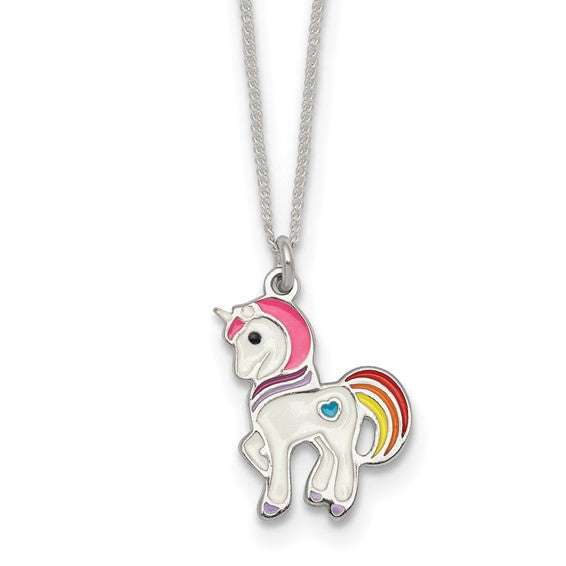 Sterling Silver Polished White and Rainbow Enameled Unicorn Necklace 1