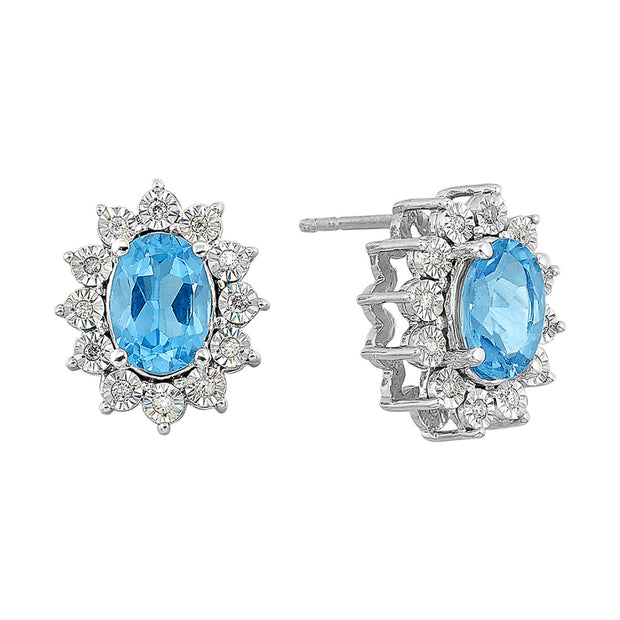 Sterling Silver Earrings With Oval Blue Topaz 2.00ct Surrrounded By 24