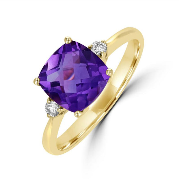 14kt Yellow Gold Ring With 8mm Cushion Cut Amethyst 2.03ct and Round D