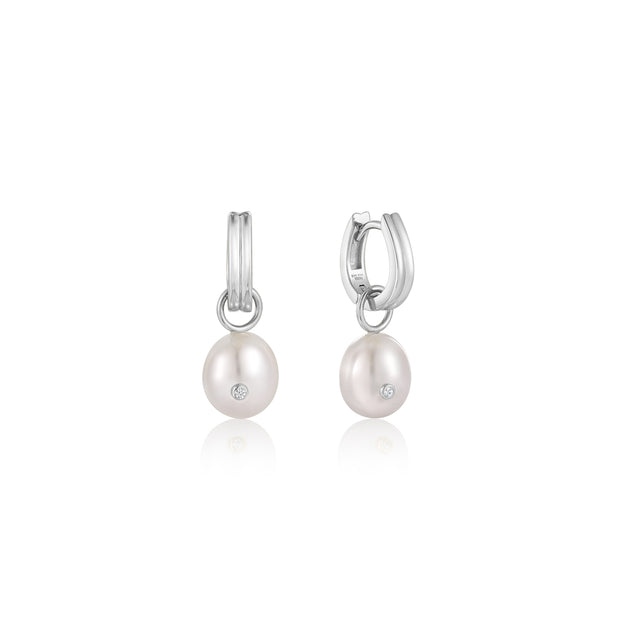 Sterling Silver Pearl Drop Sparkle Huggie Hoop Earrings