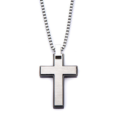 Men's Black Plated and Stainless Steel Cross Pendant with Chain. 22 in