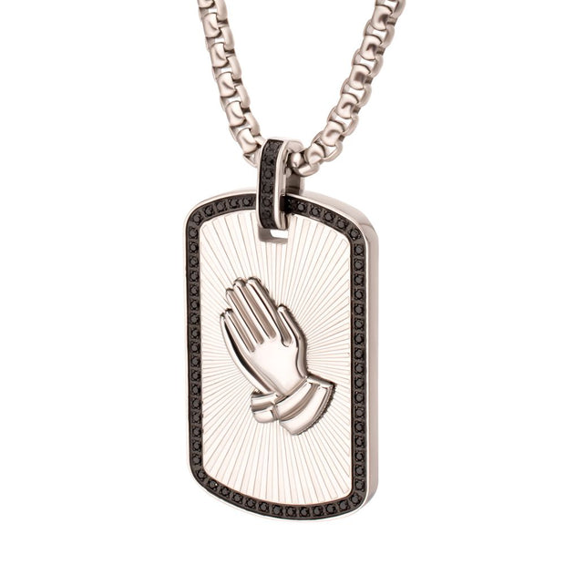 Men's Stainless Steel Praying Hands Black CZ Edge Dogtag Pendant with