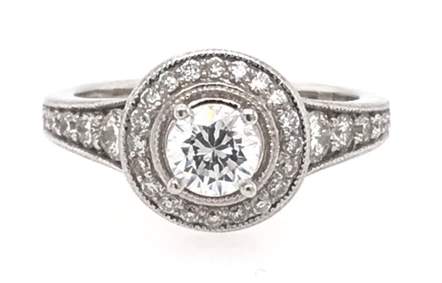 14K White Gold Engagement Ring With 12 Round Diamonds On The Band And 20 Round Diamonds Around The Halo .63Ct Tdw I1 HI, Size 7, CZ Center Goes With Wedding Band 110-1194