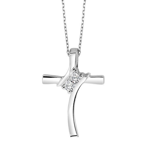 Sterling Silver Cross Pendant With 2 Diamonds .05Ct Tdw I2 G/H/I On 18
