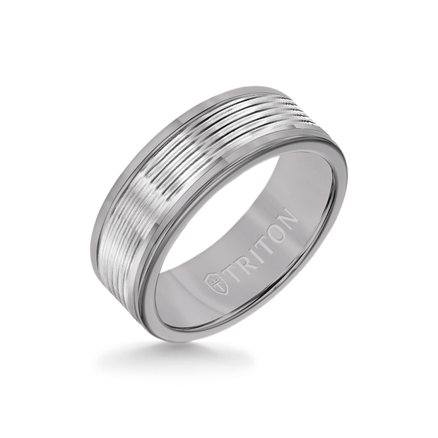 Gray Tungsten  Gents Ring with Serrated Engraved 14K Insert Ring size 10.