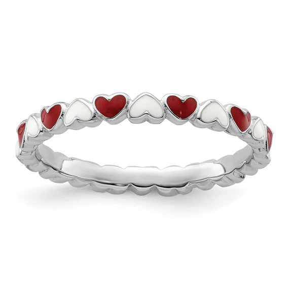 Sterling Silver Stackable Expressions Red and White Enamel Heart Ring