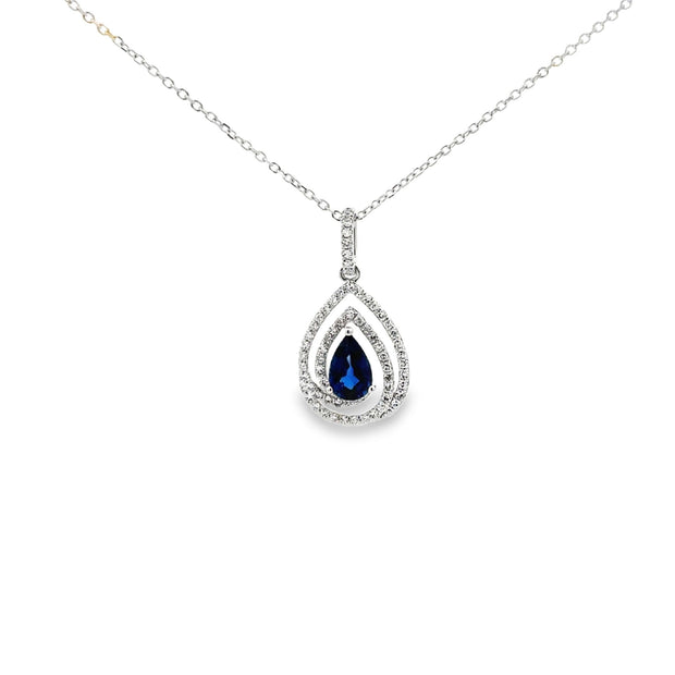 Lady's White 14 Karat Sapphire & Diamond Swirl Double Halo Pendant Len