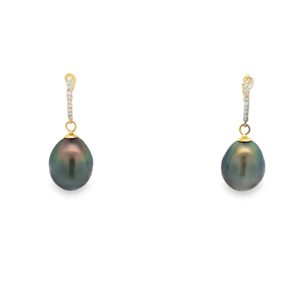 14Kt Yellow Gold Tahitian Pearl Earrings With 10 Diamonds Weighing .05