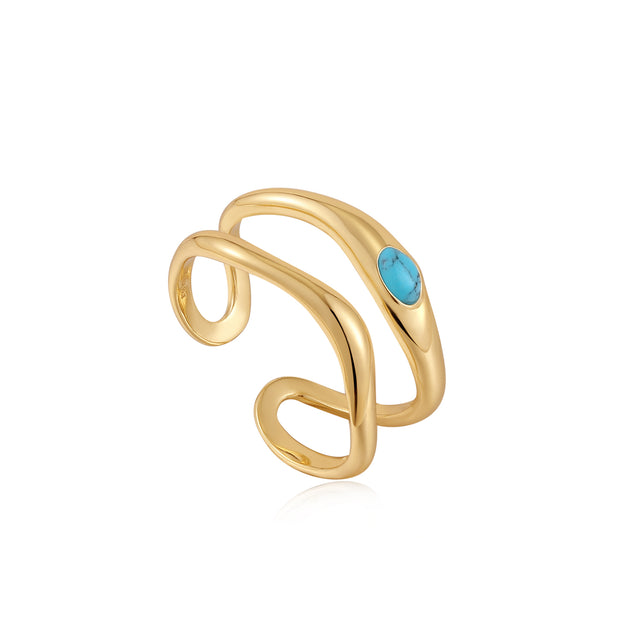 Sterling Silver Yellow Gold Plated Turquoise Wave Double Band Adjustable Ring