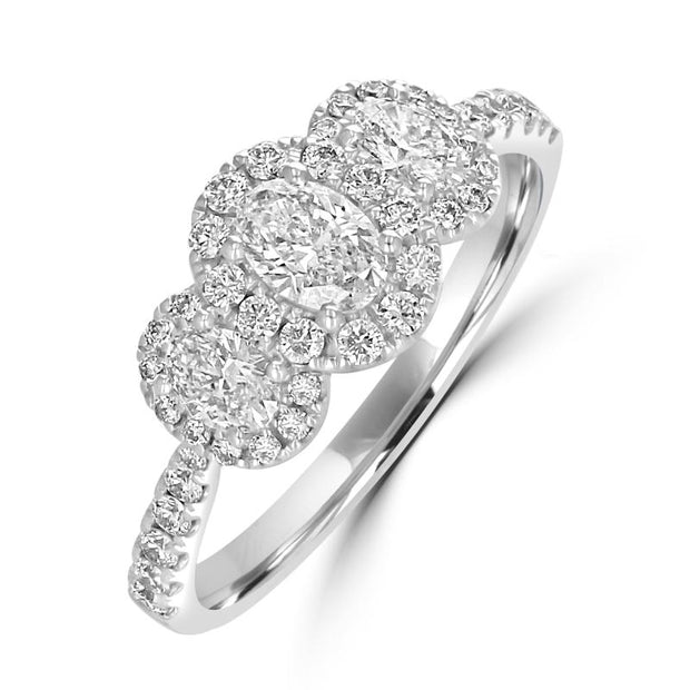 18 Karat White Gold Ring Prong Set With Three Oval Diamonds Weighing .