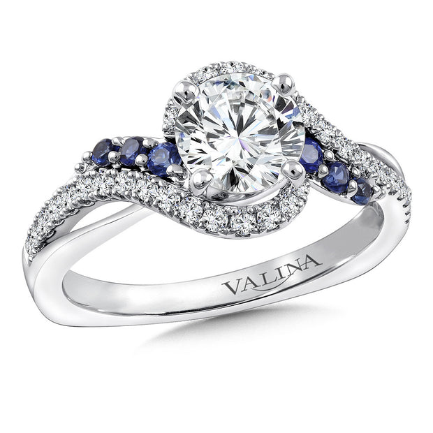 14kt White Gold Ring With 32 Round Diamonds .29ct and 6 round Sapphire