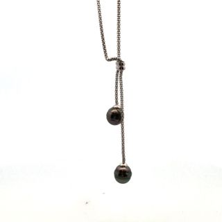 Sterling Silver Lariat Necklace With Two 9Mm Tahitian Pearls.