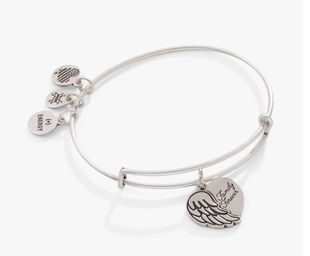 Sterling Silver "Family Forever" Angel Wing Heart Charm Bangle
