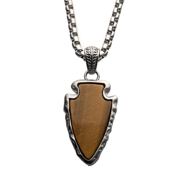 Men's Tiger Eye Stone with Brushed Steel Frame Pendant with 24 inch long Brushed Steel Box Chain.