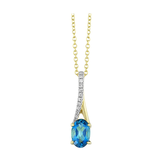 10kt Yellow Gold Pendant With Oval Blue Topaz .50ct and 12 Round Diamo