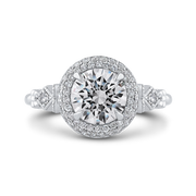 14Kt White Gold Carizza Engagement Ring Set With Round Cz Center Surrounded By Double Halo Of 53 Round Diamonds And 12 Marquise Diamonds Underneath Setting With 2 Round Diamonds On Shoulder With Miligrain Setting 1.07Ct Tdw Vs1 GH Goes With 110-1368