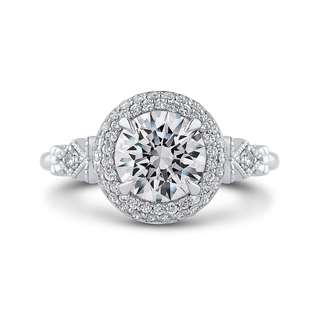 14Kt White Gold Carizza Engagement Ring Set With Round Cz Center Surrounded By Double Halo Of 53 Round Diamonds And 12 Marquise Diamonds Underneath Setting With 2 Round Diamonds On Shoulder With Miligrain Setting 1.07Ct Tdw Vs1 GH Goes With 110-1368