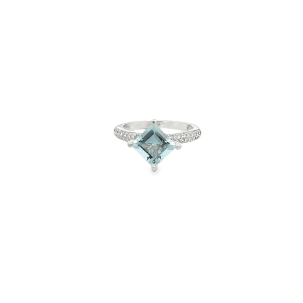 18Kt White Gold Ring With 1 - 8Mm Square Cut Genuine Aquamarine = Appr