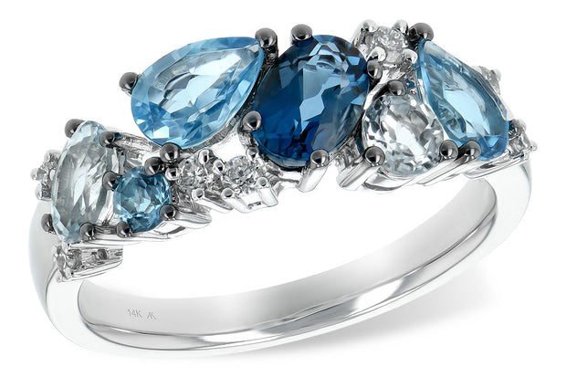 14Kt White Gold Fashion Ring With 2 Pear Shaped And 1 Round Swiss Blue Topaz, 1 Oval London Blue Topaz, 1 Round And 1 Oval Sky Blue Topaz, And 7 Round Diamonds.  Topaz = 2.05 Tgw.  Diamonds = .11 Tdw HI i1. Finger Size 7.