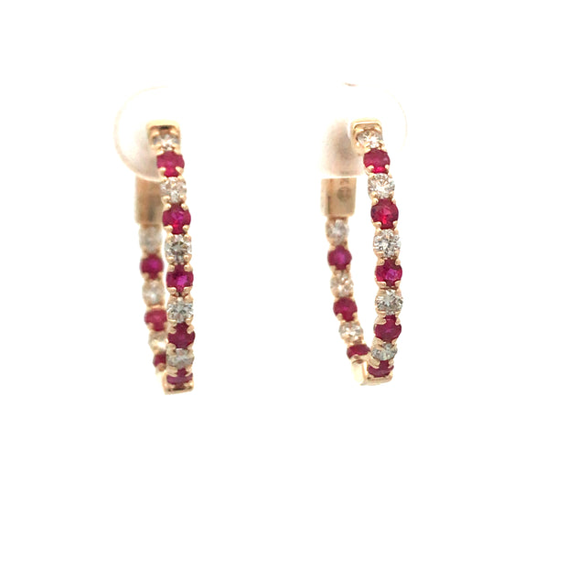 14Kt Yellow Gold In  Out Hoop Earrings With 16=0.81Tw Round Rubies And 16=0.67Tw Round Diamonds