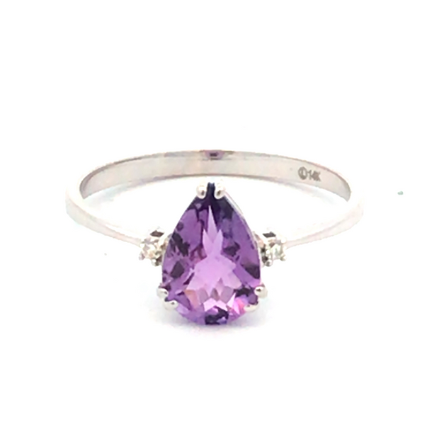 14kt White Gold 1.12 Pear Shape Amethyst And 2 Round Diamonds .02tdw