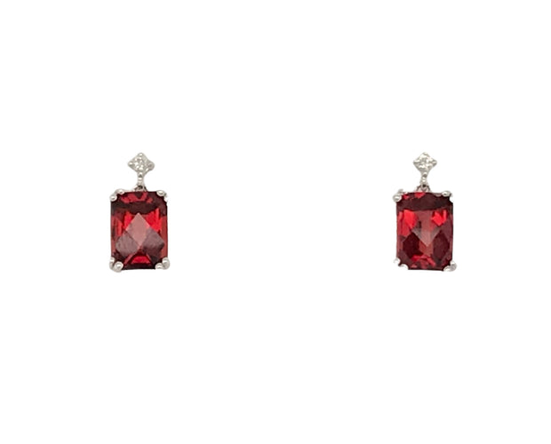 14kt White Gold Earrings With 2 Rectangular Cushion Cut Garnets 2.60ct and 2 Round Diamond .04tdw H SI2