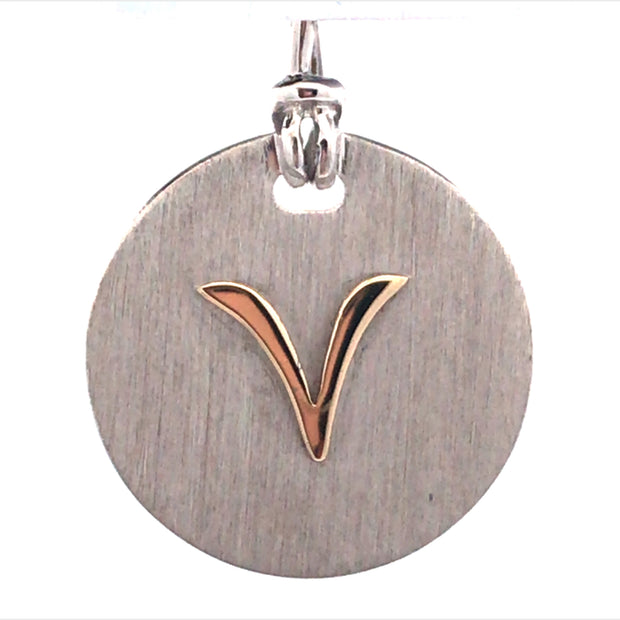 Sterling Silver Round Charm With An 18Kt Yellow Gold Letter V