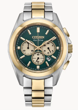 Stainles Steel Men's Two-Tone Chronograph Watch With Green Dial