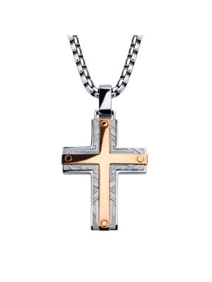 Hollis Bahringer Rose Gold Plated Bar Accent with Gray Steel Labyrintine Cross Pendant with Chain 22 Inch