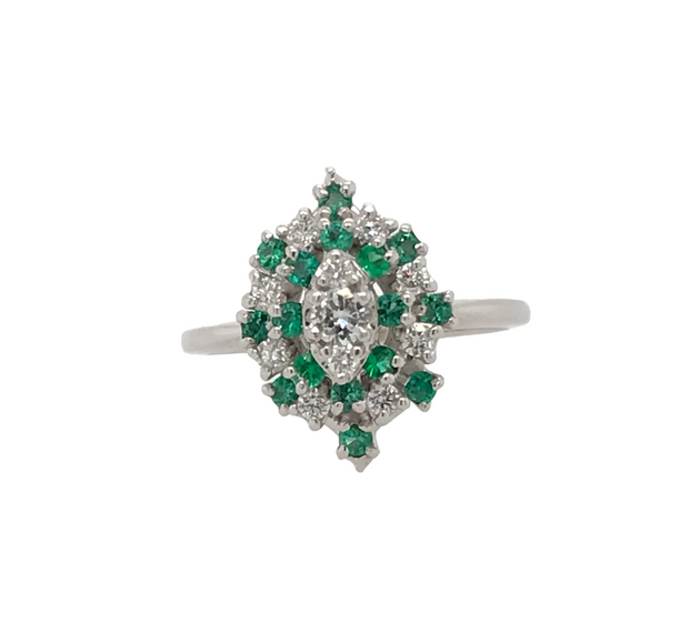 14kt White Gold Ring With 11 Round Brilliant Cut Diamonds = Approx .32cts tdw, SI1 GH  16 - 'AA' Genuine 2mm Round Emeralds Retail 2199  Estate 1299
