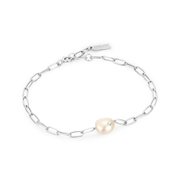 Sterling Silver Pearl Sparkle Chunky Chain Bracelet