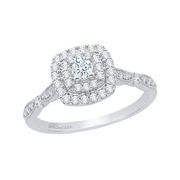 14K White Gold Round Diamond Double Halo Engagement Ring Mounting With