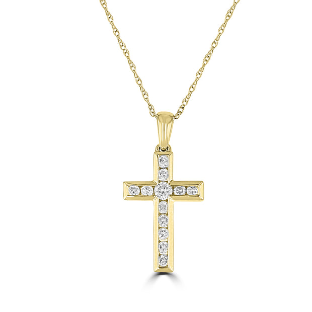 14kt Yellow Gold Cross Pendant With 12 Channel Set Round Diamonds At .
