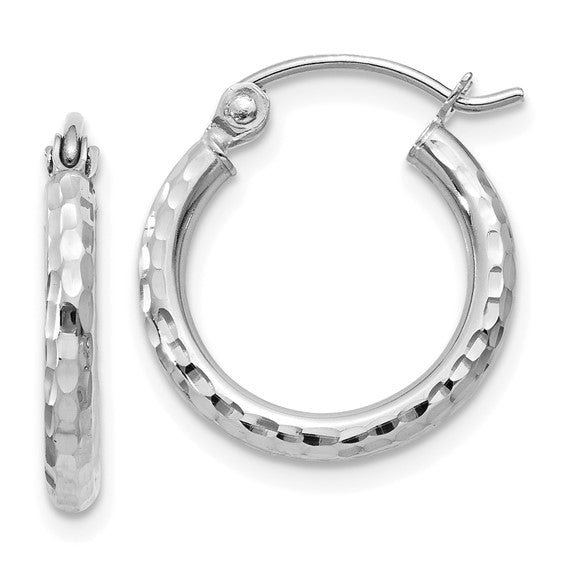 10k White Gold Diamond-cut 2x15mm Round Tube Hoop Earrings
